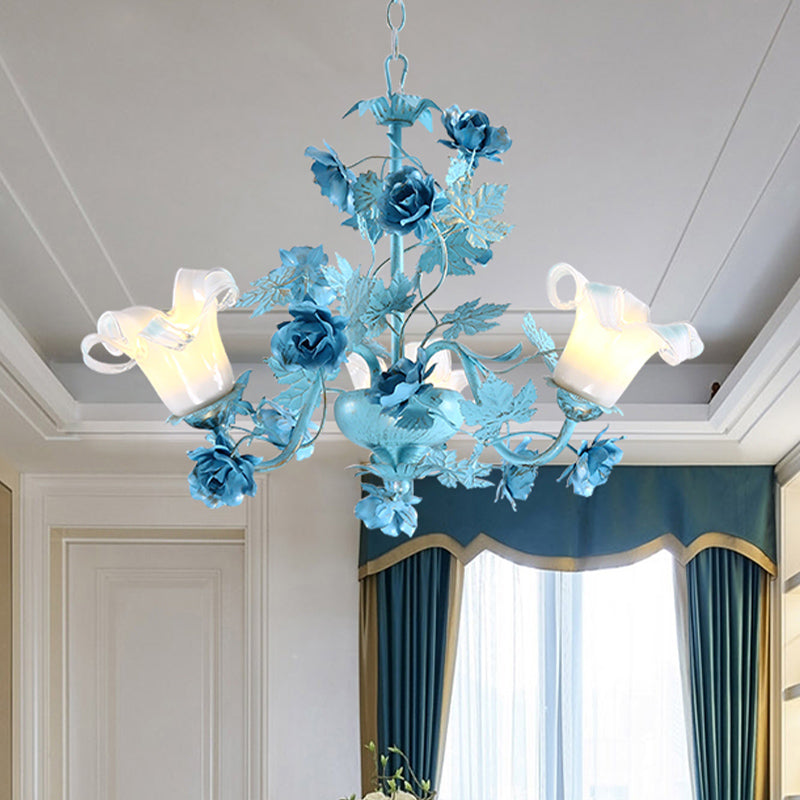 Metal Swooping Arm Suspension Lamp Korean Garden 3/6 Bulbs Bedroom Chandelier with Blue Flower and Leaf Clearhalo 'Ceiling Lights' 'Chandeliers' Lighting' options 729538