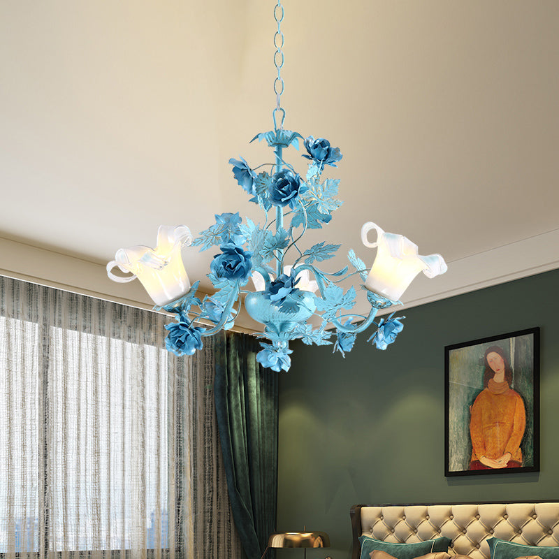 Metal Swooping Arm Suspension Lamp Korean Garden 3/6 Bulbs Bedroom Chandelier with Blue Flower and Leaf Clearhalo 'Ceiling Lights' 'Chandeliers' Lighting' options 729539