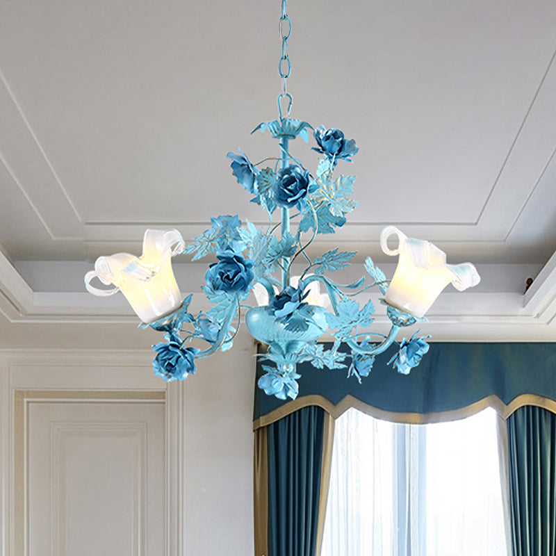 Metal Swooping Arm Suspension Lamp Korean Garden 3/6 Bulbs Bedroom Chandelier with Blue Flower and Leaf Clearhalo 'Ceiling Lights' 'Chandeliers' Lighting' options 729540