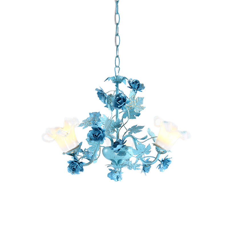 Metal Swooping Arm Suspension Lamp Korean Garden 3/6 Bulbs Bedroom Chandelier with Blue Flower and Leaf Clearhalo 'Ceiling Lights' 'Chandeliers' Lighting' options 729541