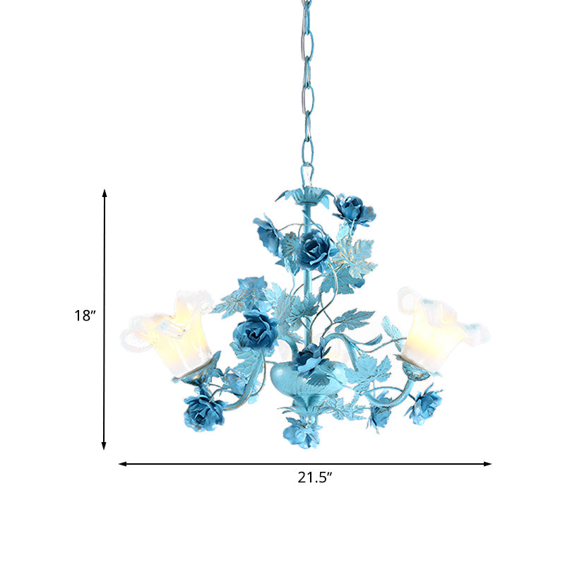 Metal Swooping Arm Suspension Lamp Korean Garden 3/6 Bulbs Bedroom Chandelier with Blue Flower and Leaf Clearhalo 'Ceiling Lights' 'Chandeliers' Lighting' options 729542