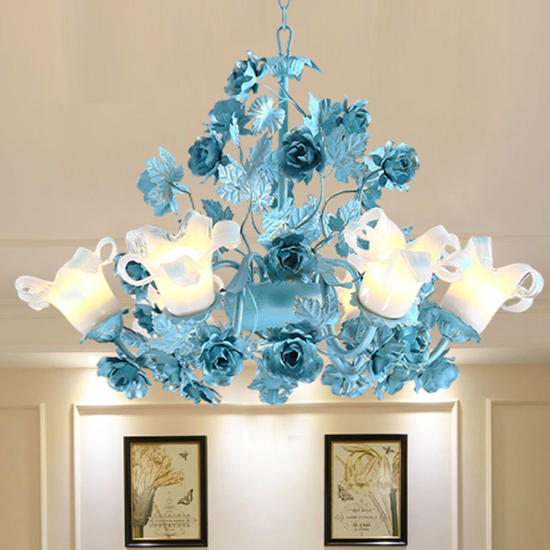 Metal Swooping Arm Suspension Lamp Korean Garden 3/6 Bulbs Bedroom Chandelier with Blue Flower and Leaf Clearhalo 'Ceiling Lights' 'Chandeliers' Lighting' options 729543