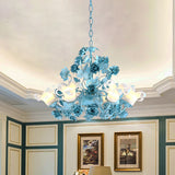 Metal Swooping Arm Suspension Lamp Korean Garden 3/6 Bulbs Bedroom Chandelier with Blue Flower and Leaf Clearhalo 'Ceiling Lights' 'Chandeliers' Lighting' options 729544