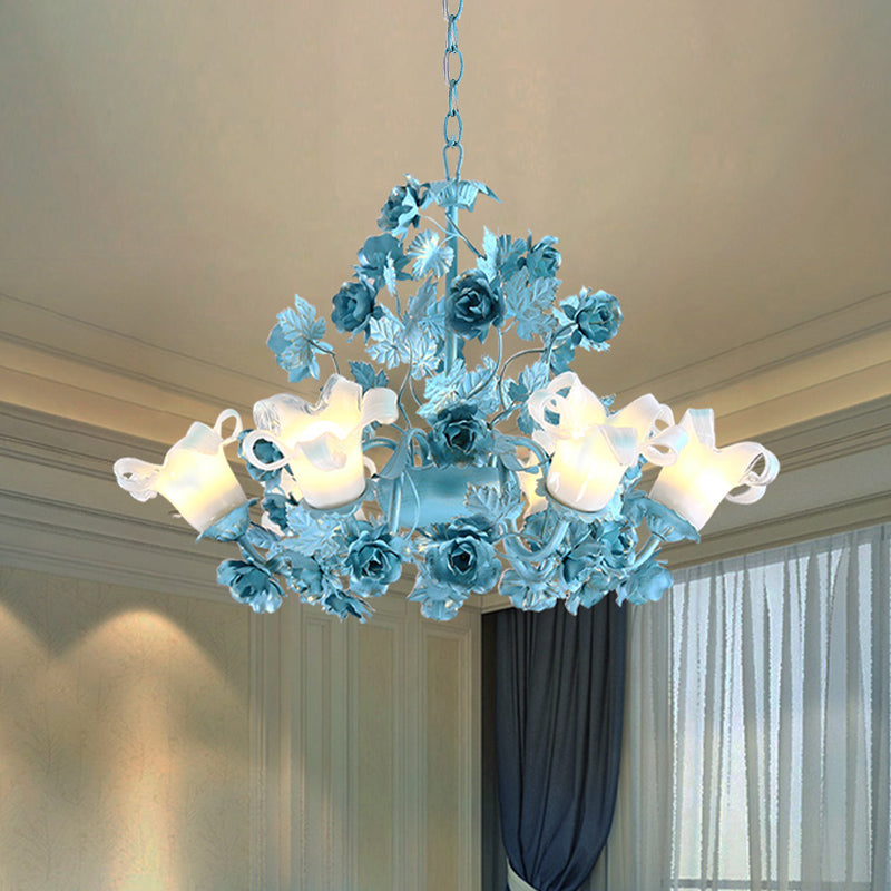 Metal Swooping Arm Suspension Lamp Korean Garden 3/6 Bulbs Bedroom Chandelier with Blue Flower and Leaf Clearhalo 'Ceiling Lights' 'Chandeliers' Lighting' options 729545