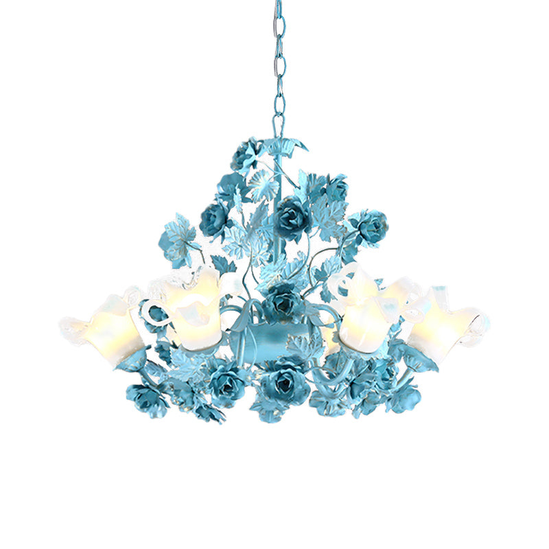 Metal Swooping Arm Suspension Lamp Korean Garden 3/6 Bulbs Bedroom Chandelier with Blue Flower and Leaf Clearhalo 'Ceiling Lights' 'Chandeliers' Lighting' options 729546