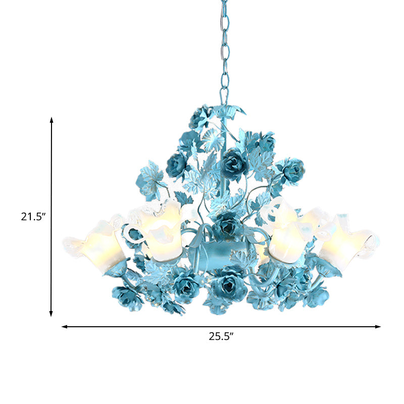 Metal Swooping Arm Suspension Lamp Korean Garden 3/6 Bulbs Bedroom Chandelier with Blue Flower and Leaf Clearhalo 'Ceiling Lights' 'Chandeliers' Lighting' options 729547