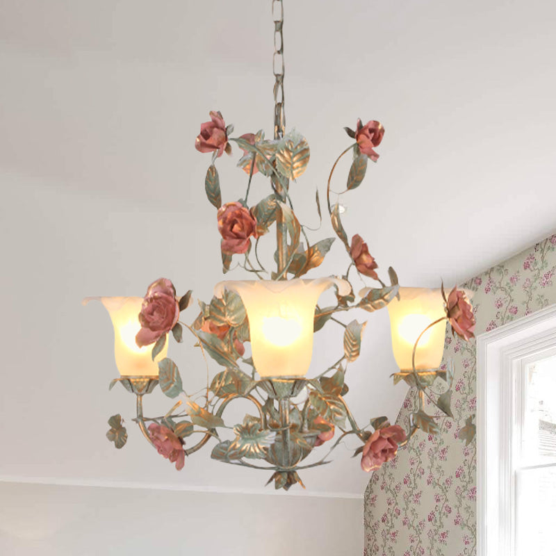 Countryside Curved Arm Suspension Lighting 3/5/6 Heads Metal Chandelier in Blue and Green with Flower Milk Glass Shade 3 Blue-Green Clearhalo 'Ceiling Lights' 'Chandeliers' Lighting' options 729548_491d8de2-e0e9-487a-b135-2650eac33803