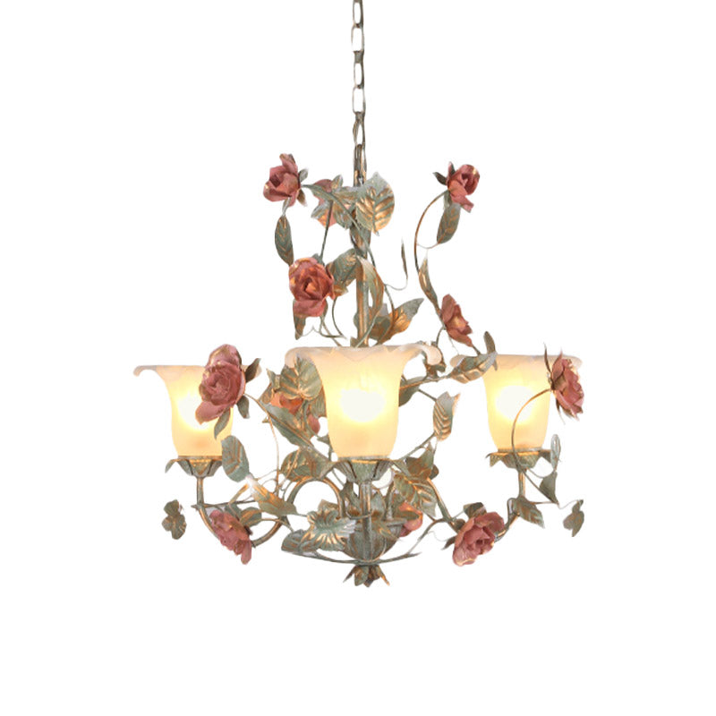 Countryside Curved Arm Suspension Lighting 3/5/6 Heads Metal Chandelier in Blue and Green with Flower Milk Glass Shade Clearhalo 'Ceiling Lights' 'Chandeliers' Lighting' options 729551