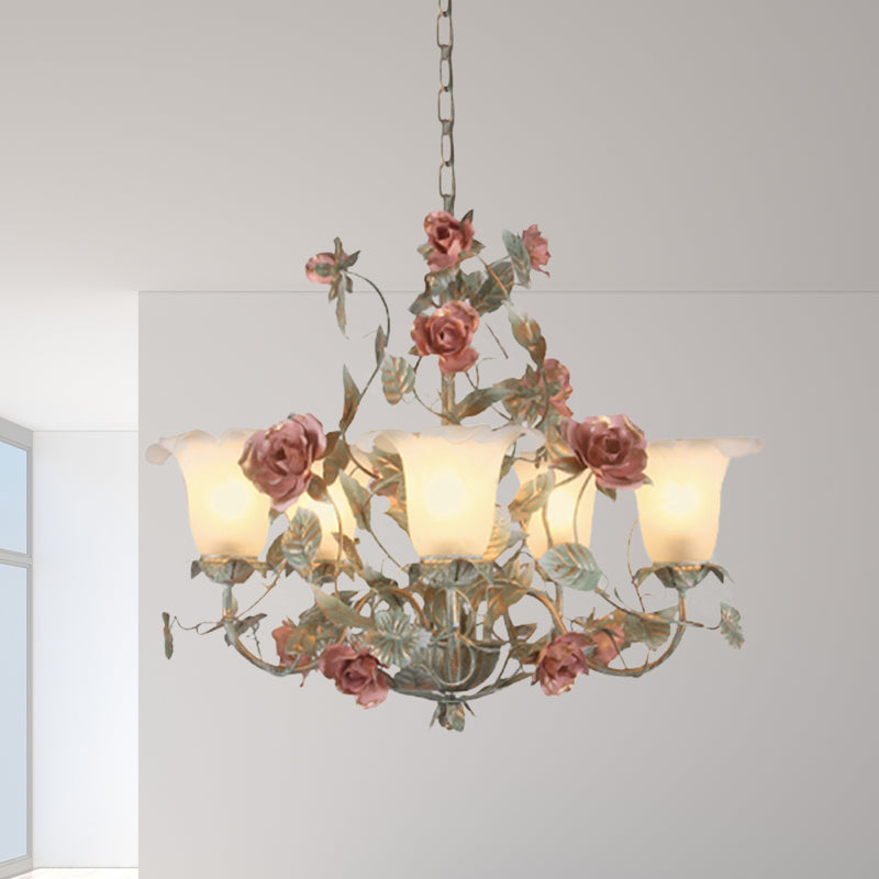 Countryside Curved Arm Suspension Lighting 3/5/6 Heads Metal Chandelier in Blue and Green with Flower Milk Glass Shade Clearhalo 'Ceiling Lights' 'Chandeliers' Lighting' options 729553