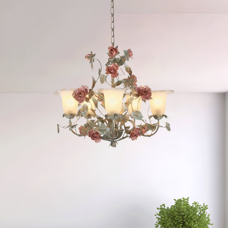 Countryside Curved Arm Suspension Lighting 3/5/6 Heads Metal Chandelier in Blue and Green with Flower Milk Glass Shade Clearhalo 'Ceiling Lights' 'Chandeliers' Lighting' options 729554