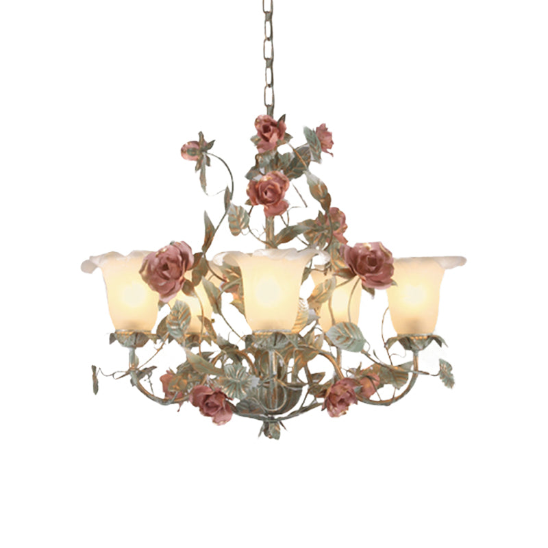 Countryside Curved Arm Suspension Lighting 3/5/6 Heads Metal Chandelier in Blue and Green with Flower Milk Glass Shade Clearhalo 'Ceiling Lights' 'Chandeliers' Lighting' options 729555