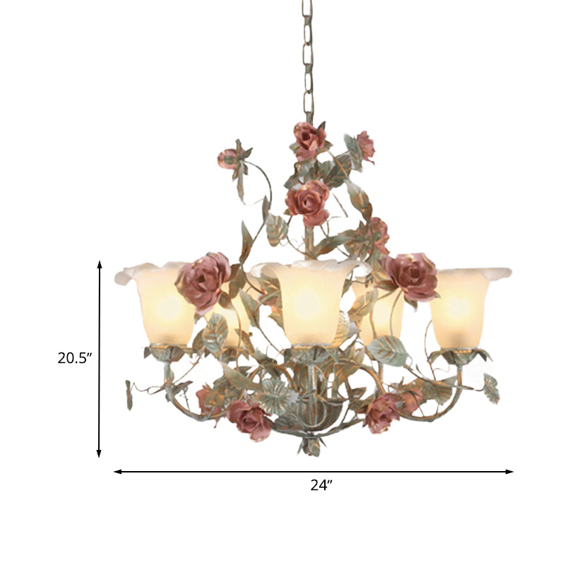 Countryside Curved Arm Suspension Lighting 3/5/6 Heads Metal Chandelier in Blue and Green with Flower Milk Glass Shade Clearhalo 'Ceiling Lights' 'Chandeliers' Lighting' options 729556