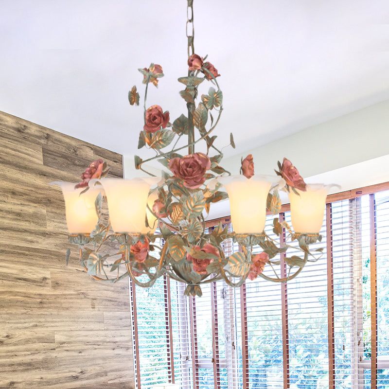 Countryside Curved Arm Suspension Lighting 3/5/6 Heads Metal Chandelier in Blue and Green with Flower Milk Glass Shade 6 Blue-Green Clearhalo 'Ceiling Lights' 'Chandeliers' Lighting' options 729557_aee65ca5-360b-4216-a651-965d553b59f5