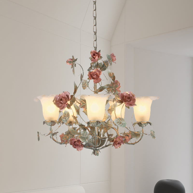 Countryside Curved Arm Suspension Lighting 3/5/6 Heads Metal Chandelier in Blue and Green with Flower Milk Glass Shade Clearhalo 'Ceiling Lights' 'Chandeliers' Lighting' options 729559