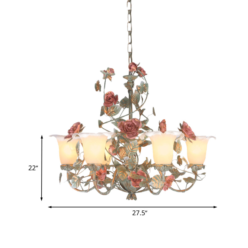 Countryside Curved Arm Suspension Lighting 3/5/6 Heads Metal Chandelier in Blue and Green with Flower Milk Glass Shade Clearhalo 'Ceiling Lights' 'Chandeliers' Lighting' options 729561