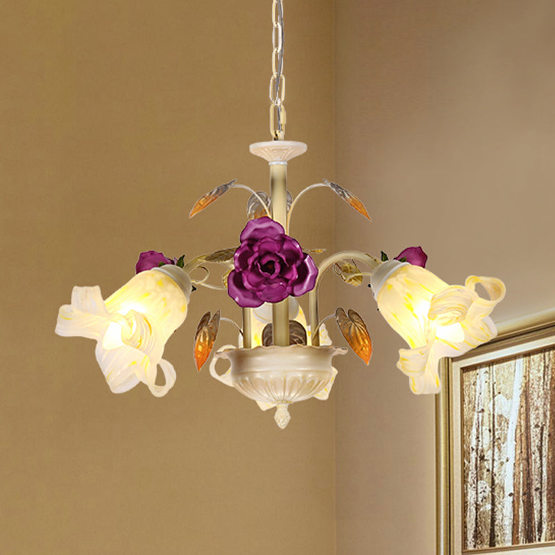 Purple Floral Ceiling Light Countryside White Glass 3/5/6 Bulbs Dining Room Hanging Chandelier Clearhalo 'Ceiling Lights' 'Chandeliers' Lighting' options 729567