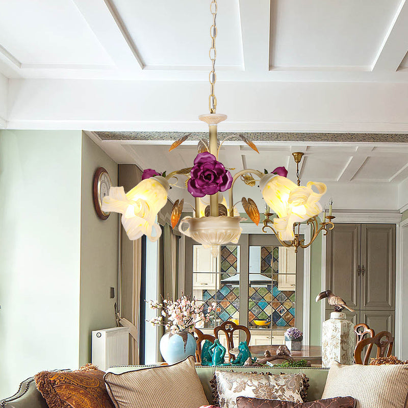 Purple Floral Ceiling Light Countryside White Glass 3/5/6 Bulbs Dining Room Hanging Chandelier Clearhalo 'Ceiling Lights' 'Chandeliers' Lighting' options 729568