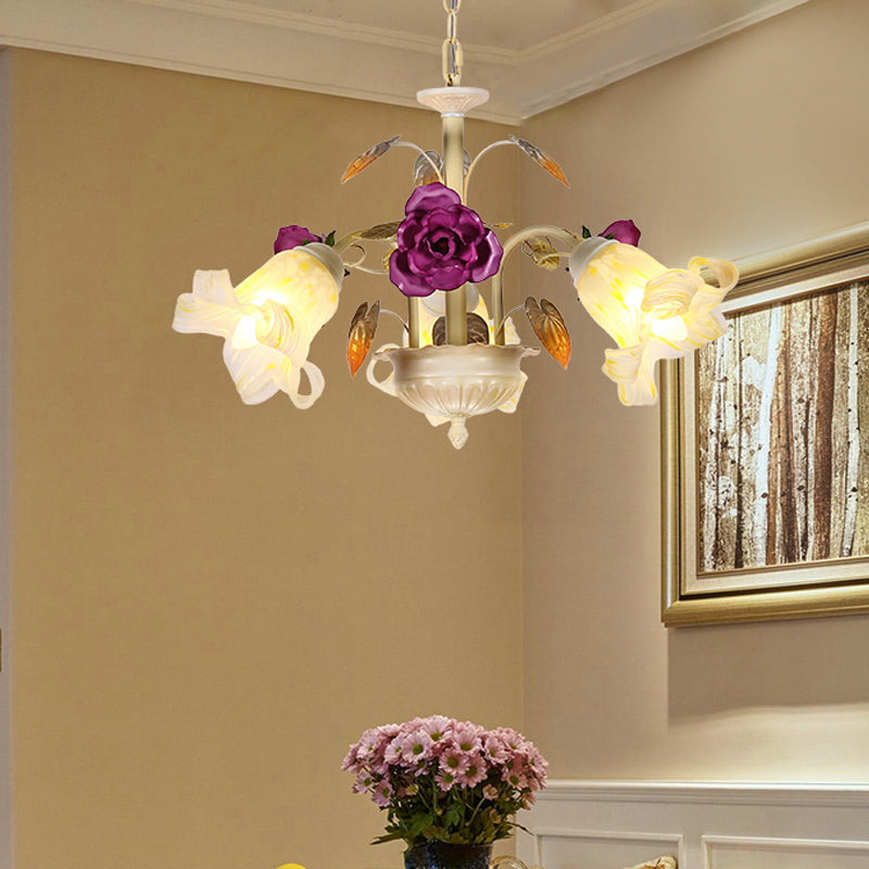 Purple Floral Ceiling Light Countryside White Glass 3/5/6 Bulbs Dining Room Hanging Chandelier Clearhalo 'Ceiling Lights' 'Chandeliers' Lighting' options 729569