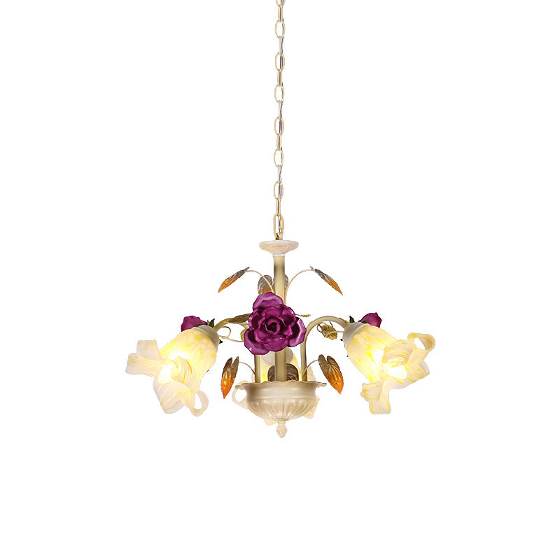 Purple Floral Ceiling Light Countryside White Glass 3/5/6 Bulbs Dining Room Hanging Chandelier Clearhalo 'Ceiling Lights' 'Chandeliers' Lighting' options 729570