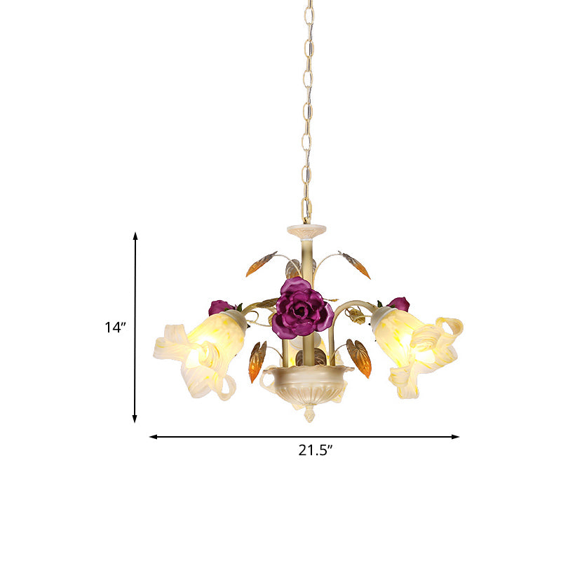 Purple Floral Ceiling Light Countryside White Glass 3/5/6 Bulbs Dining Room Hanging Chandelier Clearhalo 'Ceiling Lights' 'Chandeliers' Lighting' options 729571