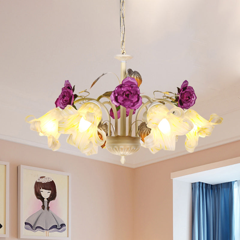 Purple Floral Ceiling Light Countryside White Glass 3/5/6 Bulbs Dining Room Hanging Chandelier Clearhalo 'Ceiling Lights' 'Chandeliers' Lighting' options 729572