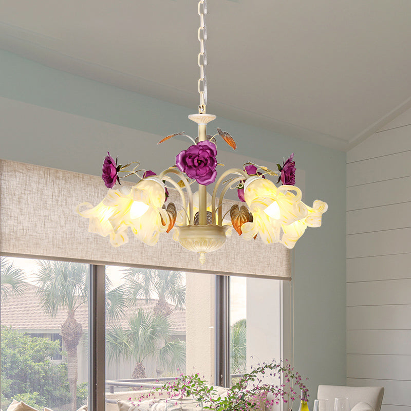 Purple Floral Ceiling Light Countryside White Glass 3/5/6 Bulbs Dining Room Hanging Chandelier Clearhalo 'Ceiling Lights' 'Chandeliers' Lighting' options 729573