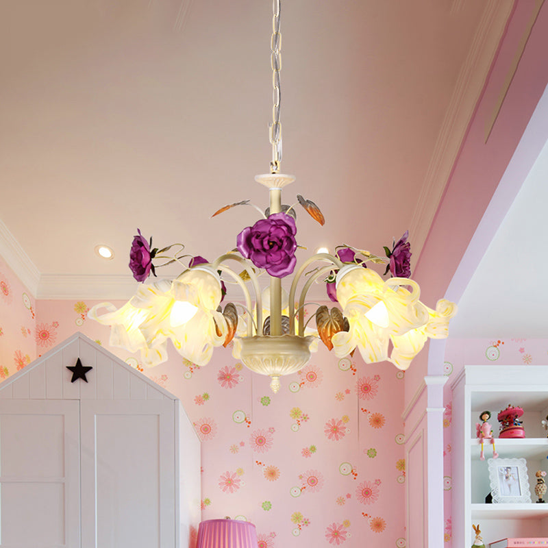 Purple Floral Ceiling Light Countryside White Glass 3/5/6 Bulbs Dining Room Hanging Chandelier Clearhalo 'Ceiling Lights' 'Chandeliers' Lighting' options 729574