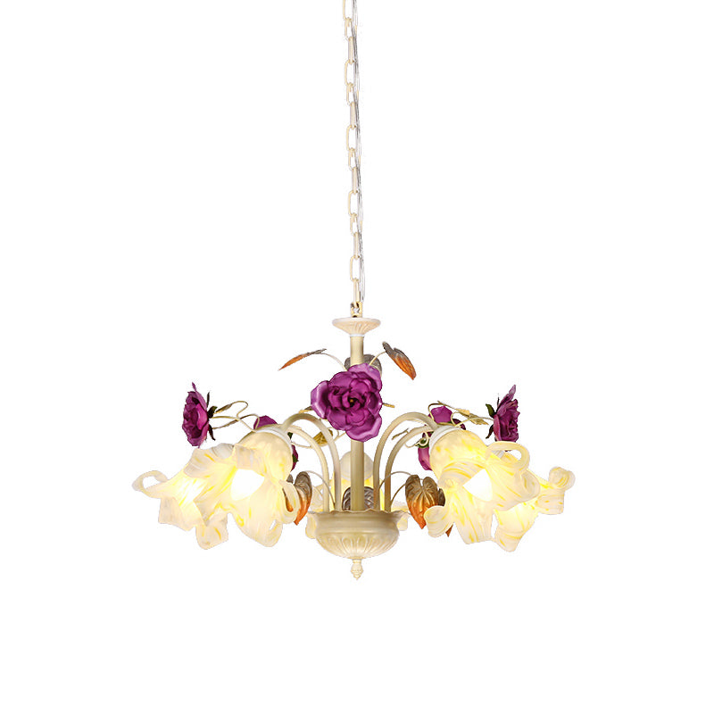 Purple Floral Ceiling Light Countryside White Glass 3/5/6 Bulbs Dining Room Hanging Chandelier Clearhalo 'Ceiling Lights' 'Chandeliers' Lighting' options 729575