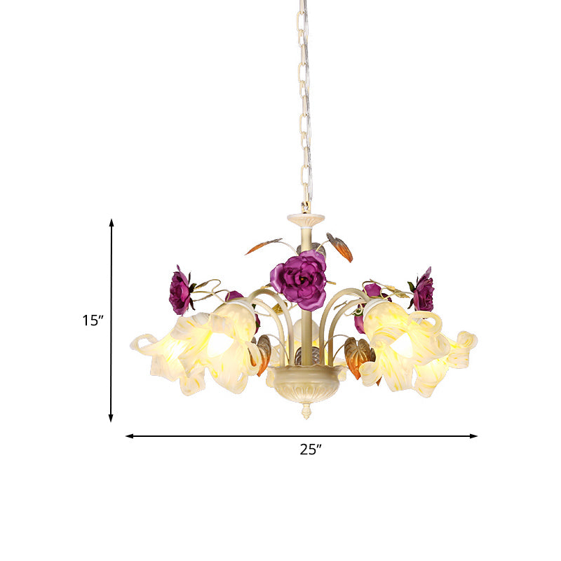 Purple Floral Ceiling Light Countryside White Glass 3/5/6 Bulbs Dining Room Hanging Chandelier Clearhalo 'Ceiling Lights' 'Chandeliers' Lighting' options 729576