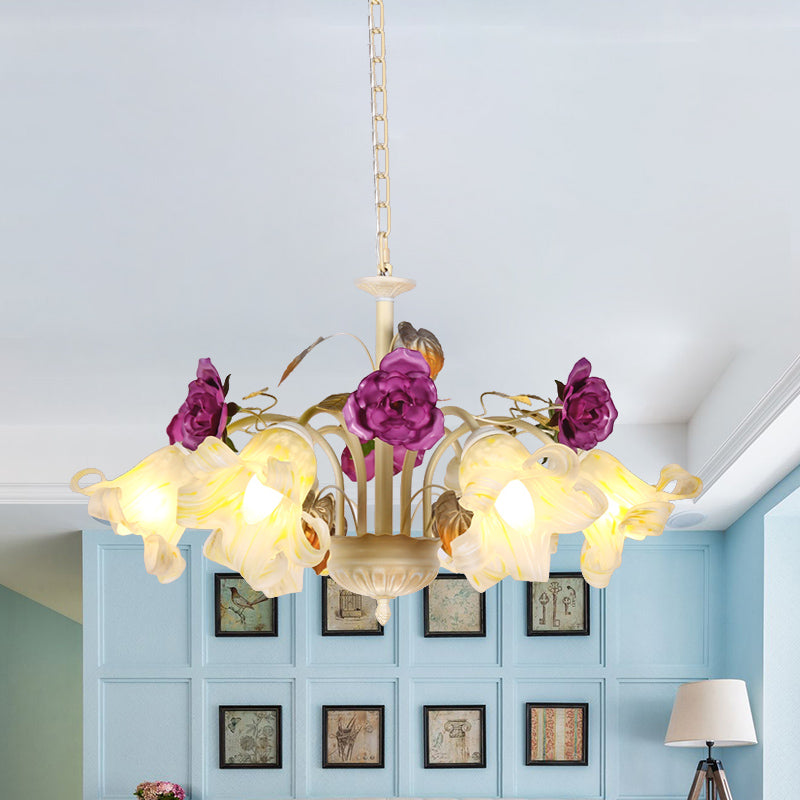 Purple Floral Ceiling Light Countryside White Glass 3/5/6 Bulbs Dining Room Hanging Chandelier Clearhalo 'Ceiling Lights' 'Chandeliers' Lighting' options 729577