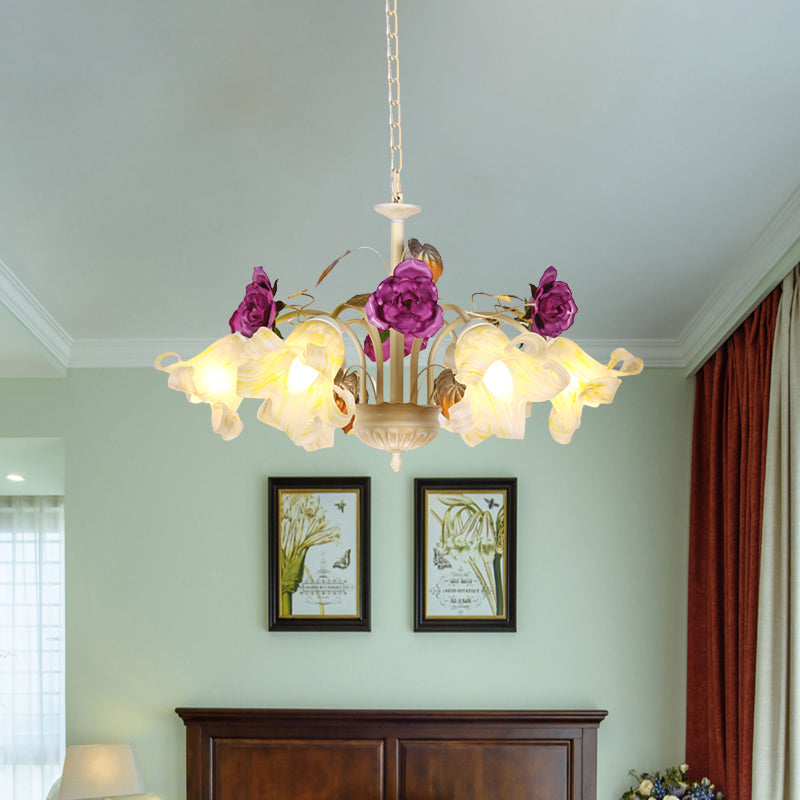 Purple Floral Ceiling Light Countryside White Glass 3/5/6 Bulbs Dining Room Hanging Chandelier Clearhalo 'Ceiling Lights' 'Chandeliers' Lighting' options 729578