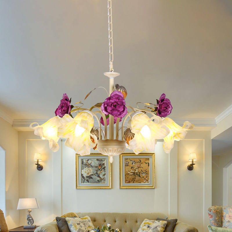 Purple Floral Ceiling Light Countryside White Glass 3/5/6 Bulbs Dining Room Hanging Chandelier Clearhalo 'Ceiling Lights' 'Chandeliers' Lighting' options 729579