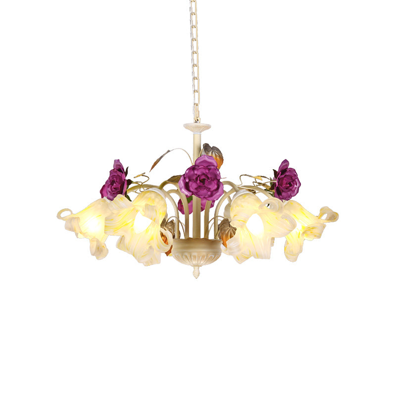 Purple Floral Ceiling Light Countryside White Glass 3/5/6 Bulbs Dining Room Hanging Chandelier Clearhalo 'Ceiling Lights' 'Chandeliers' Lighting' options 729580