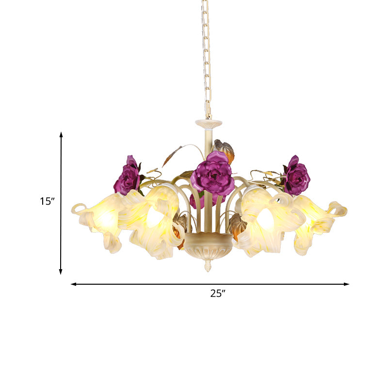 Purple Floral Ceiling Light Countryside White Glass 3/5/6 Bulbs Dining Room Hanging Chandelier Clearhalo 'Ceiling Lights' 'Chandeliers' Lighting' options 729581