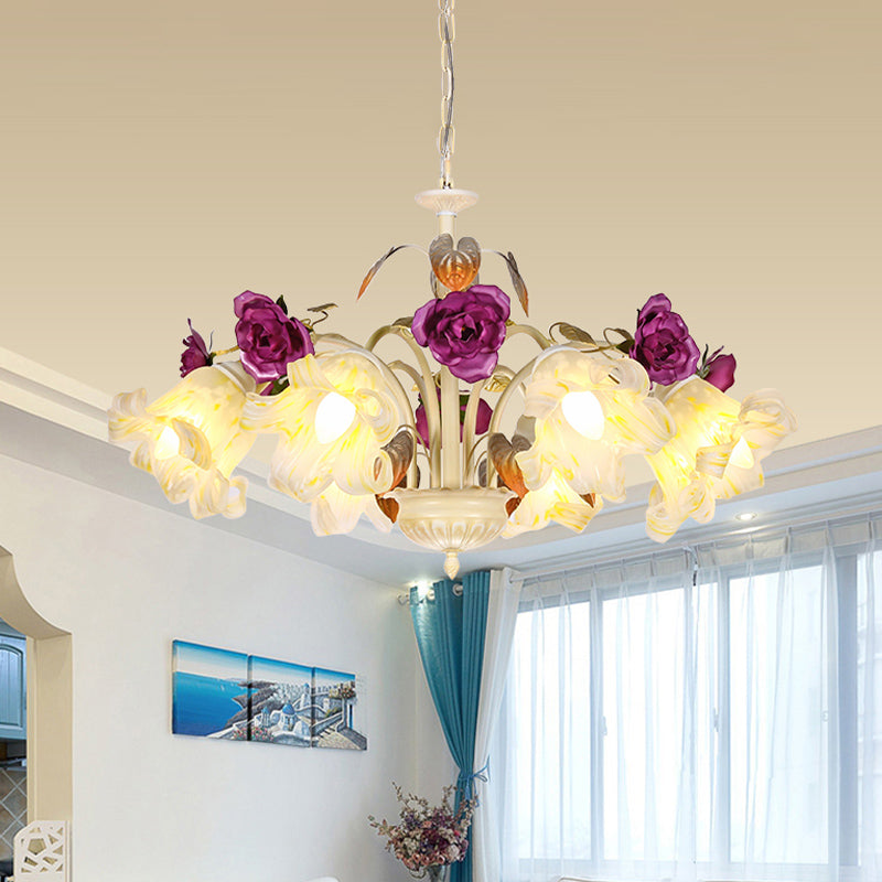 Purple Floral Ceiling Light Countryside White Glass 3/5/6 Bulbs Dining Room Hanging Chandelier Clearhalo 'Ceiling Lights' 'Chandeliers' Lighting' options 729582