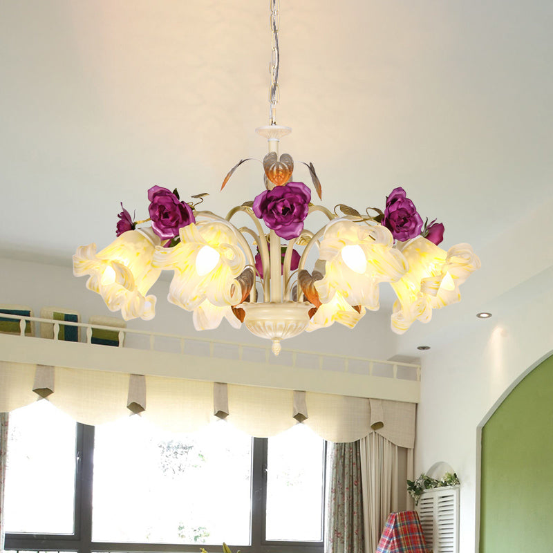 Purple Floral Ceiling Light Countryside White Glass 3/5/6 Bulbs Dining Room Hanging Chandelier Clearhalo 'Ceiling Lights' 'Chandeliers' Lighting' options 729583