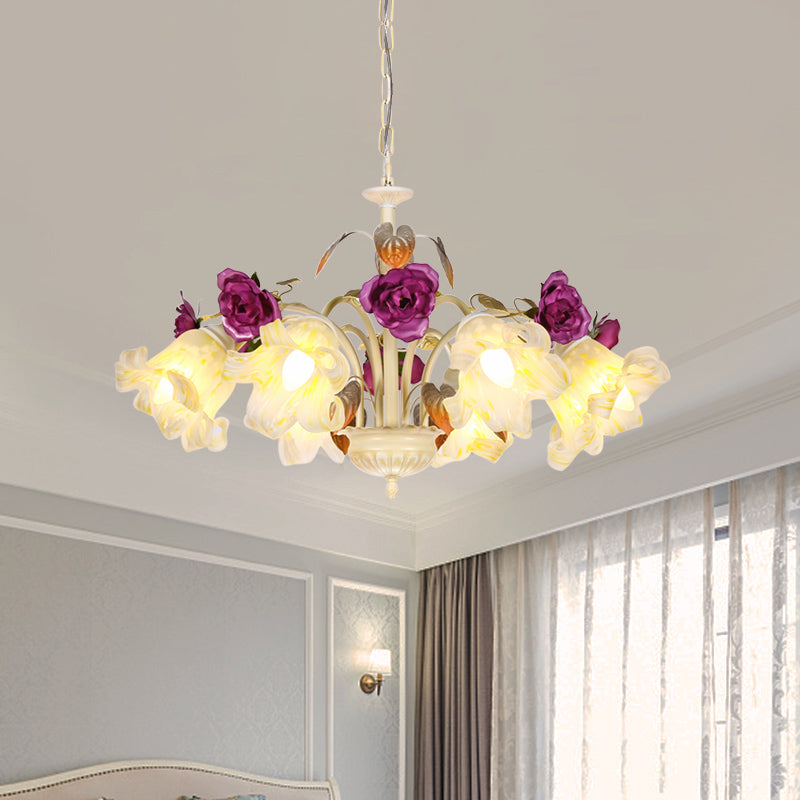 Purple Floral Ceiling Light Countryside White Glass 3/5/6 Bulbs Dining Room Hanging Chandelier Clearhalo 'Ceiling Lights' 'Chandeliers' Lighting' options 729584