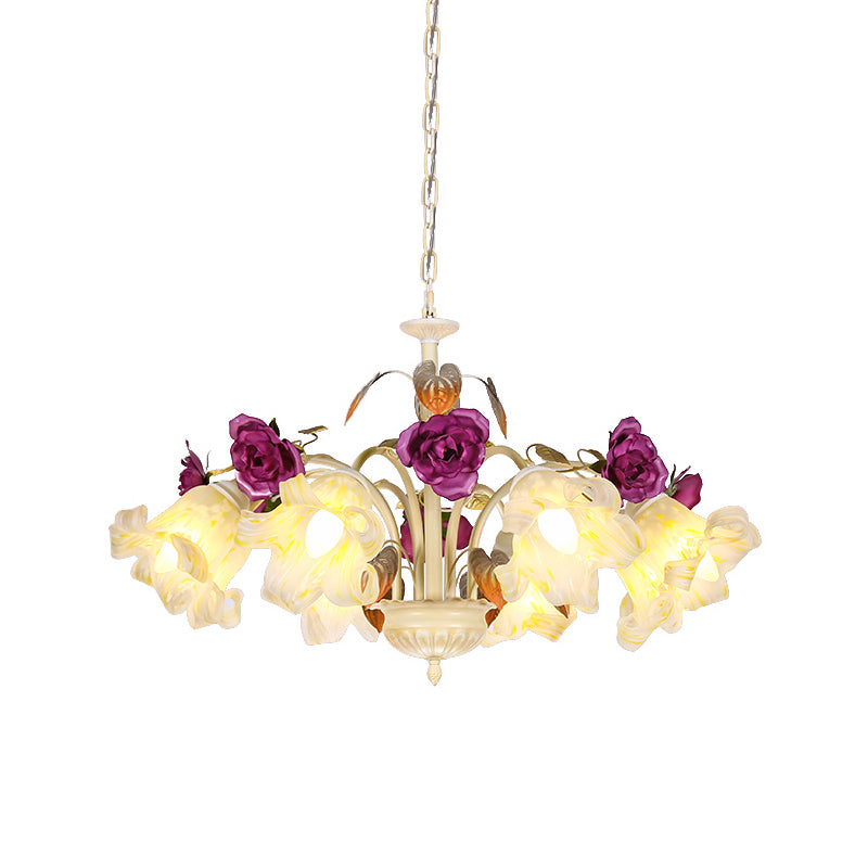 Purple Floral Ceiling Light Countryside White Glass 3/5/6 Bulbs Dining Room Hanging Chandelier Clearhalo 'Ceiling Lights' 'Chandeliers' Lighting' options 729585