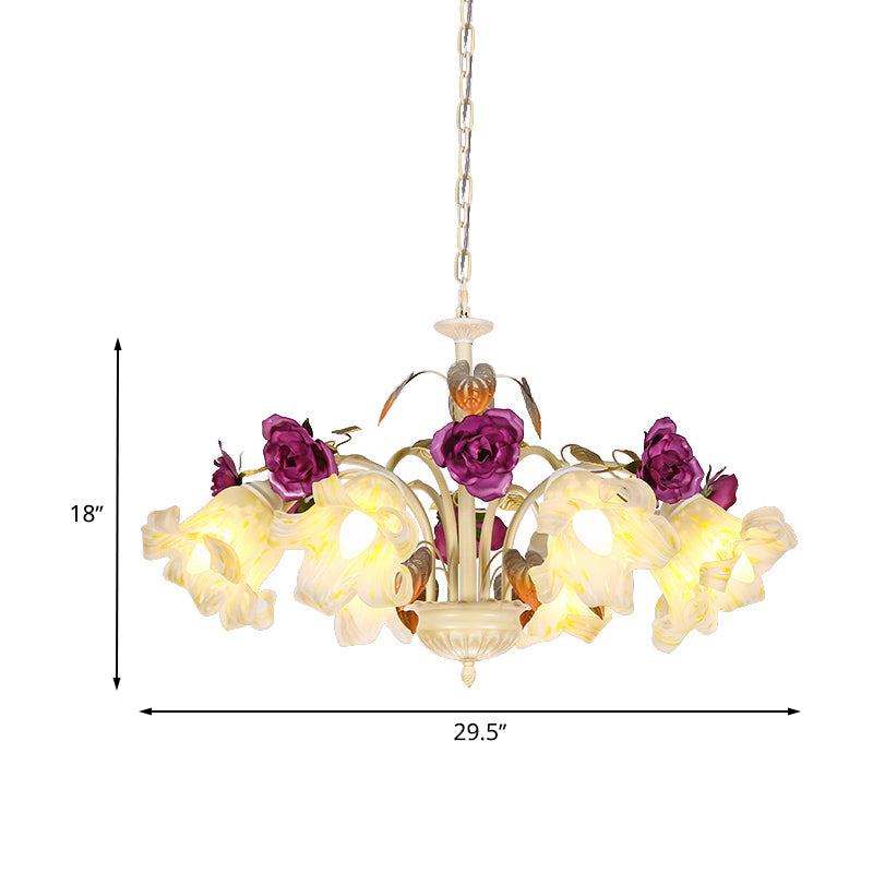 Purple Floral Ceiling Light Countryside White Glass 3/5/6 Bulbs Dining Room Hanging Chandelier Clearhalo 'Ceiling Lights' 'Chandeliers' Lighting' options 729586