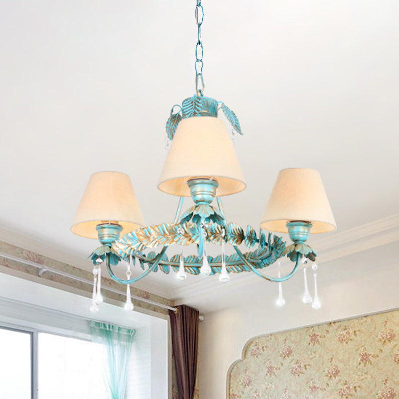 3/6 Bulbs Cone Chandelier Lamp Pastoral Blue Fabric Pendant Light with Metal Leaf and Crystal Decor 3 Blue Clearhalo 'Ceiling Lights' 'Chandeliers' Lighting' options 729597_8476b0d6-b2b6-4155-9adf-e221f4fee7a2