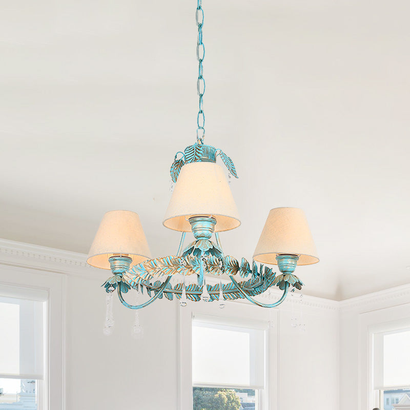 3/6 Bulbs Cone Chandelier Lamp Pastoral Blue Fabric Pendant Light with Metal Leaf and Crystal Decor Clearhalo 'Ceiling Lights' 'Chandeliers' Lighting' options 729598