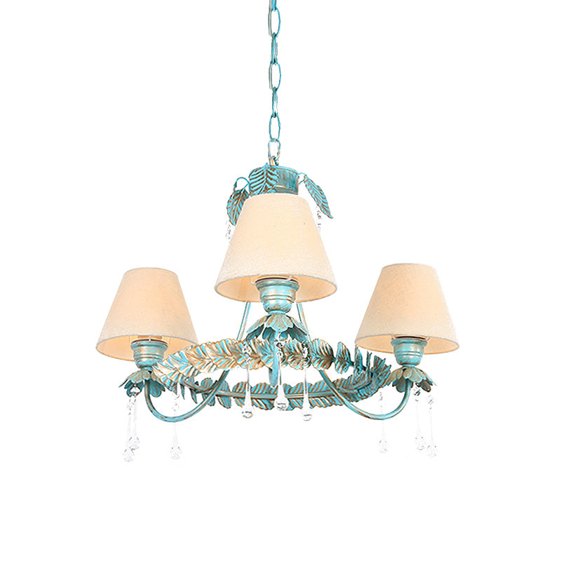 3/6 Bulbs Cone Chandelier Lamp Pastoral Blue Fabric Pendant Light with Metal Leaf and Crystal Decor Clearhalo 'Ceiling Lights' 'Chandeliers' Lighting' options 729600