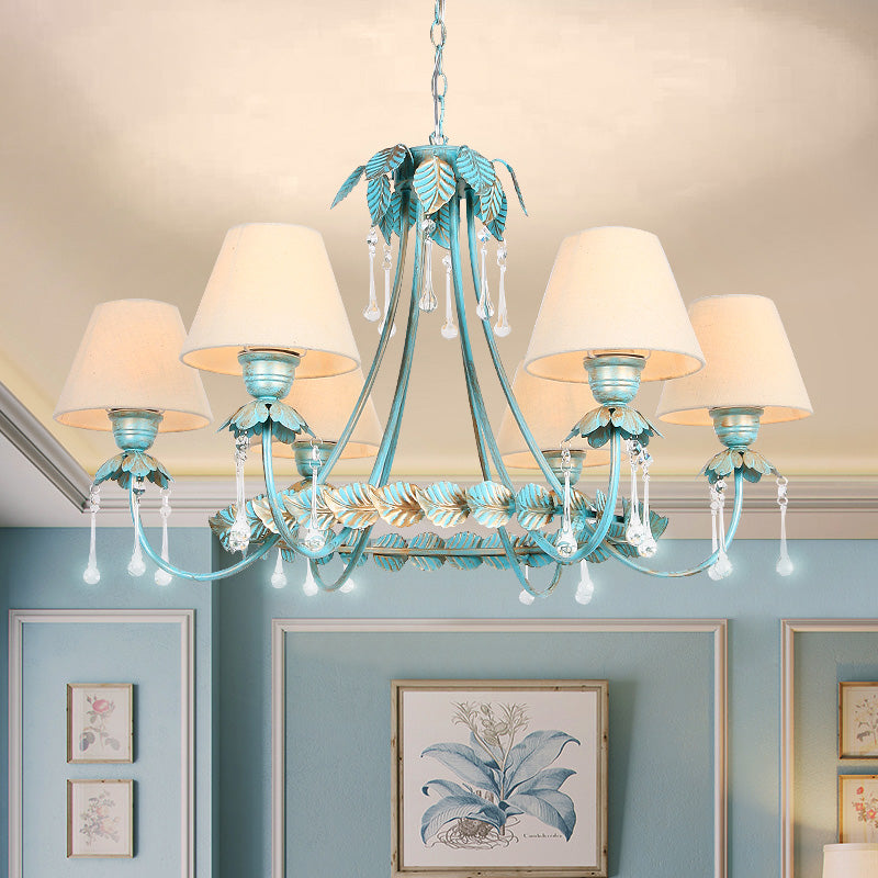 3/6 Bulbs Cone Chandelier Lamp Pastoral Blue Fabric Pendant Light with Metal Leaf and Crystal Decor 6 Blue Clearhalo 'Ceiling Lights' 'Chandeliers' Lighting' options 729602_fc27a7d7-b9e0-4838-9f01-513863bfade8
