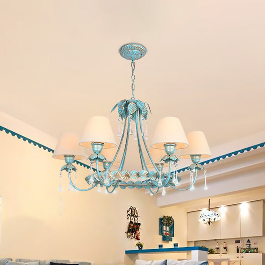 3/6 Bulbs Cone Chandelier Lamp Pastoral Blue Fabric Pendant Light with Metal Leaf and Crystal Decor Clearhalo 'Ceiling Lights' 'Chandeliers' Lighting' options 729603