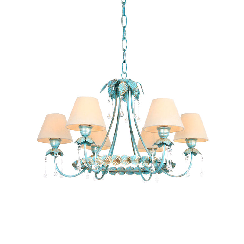 3/6 Bulbs Cone Chandelier Lamp Pastoral Blue Fabric Pendant Light with Metal Leaf and Crystal Decor Clearhalo 'Ceiling Lights' 'Chandeliers' Lighting' options 729605