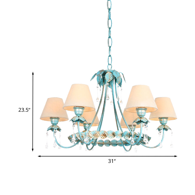 3/6 Bulbs Cone Chandelier Lamp Pastoral Blue Fabric Pendant Light with Metal Leaf and Crystal Decor Clearhalo 'Ceiling Lights' 'Chandeliers' Lighting' options 729606