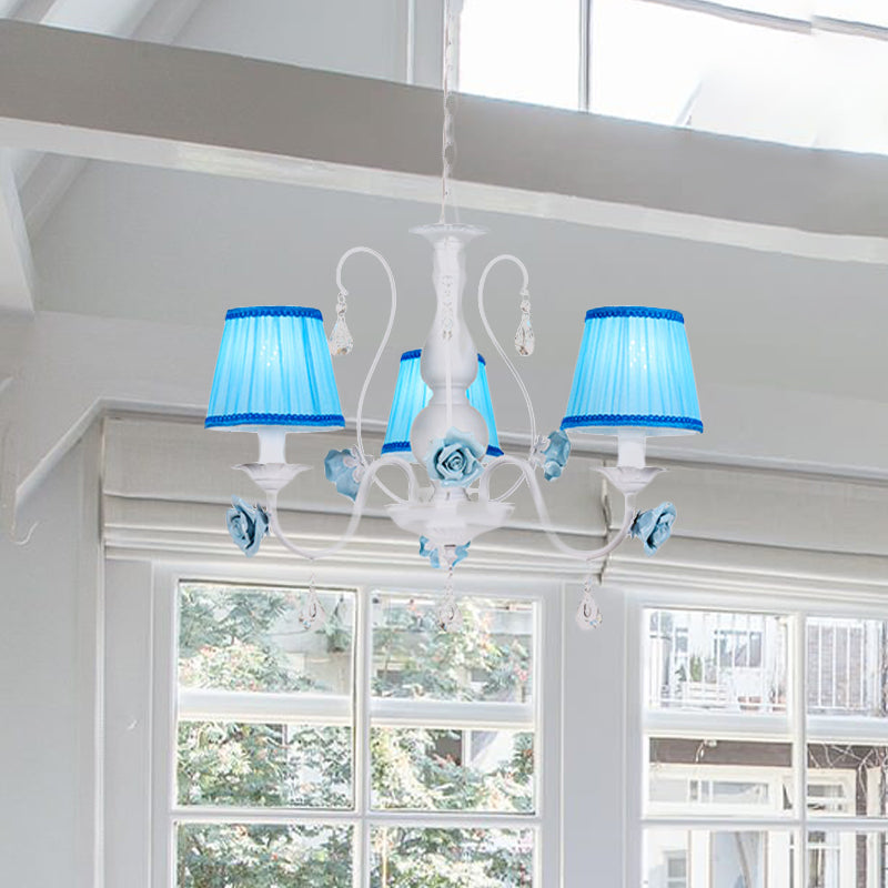 Fabric Blue Chandelier Light Fixture Conical 3/6/8 Heads Pastoral Style Hanging Pendant with Crystal Accent 3 Blue Clearhalo 'Ceiling Lights' 'Chandeliers' Lighting' options 729607_df96a055-aeaf-44b7-ada3-9c96b30fd09d
