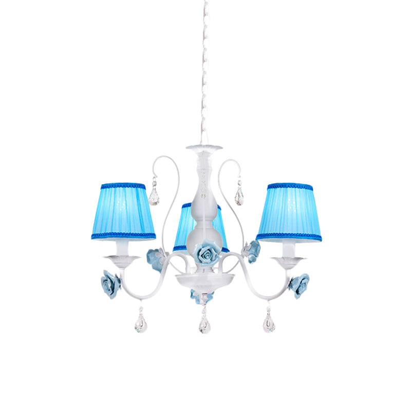 Fabric Blue Chandelier Light Fixture Conical 3/6/8 Heads Pastoral Style Hanging Pendant with Crystal Accent Clearhalo 'Ceiling Lights' 'Chandeliers' Lighting' options 729609
