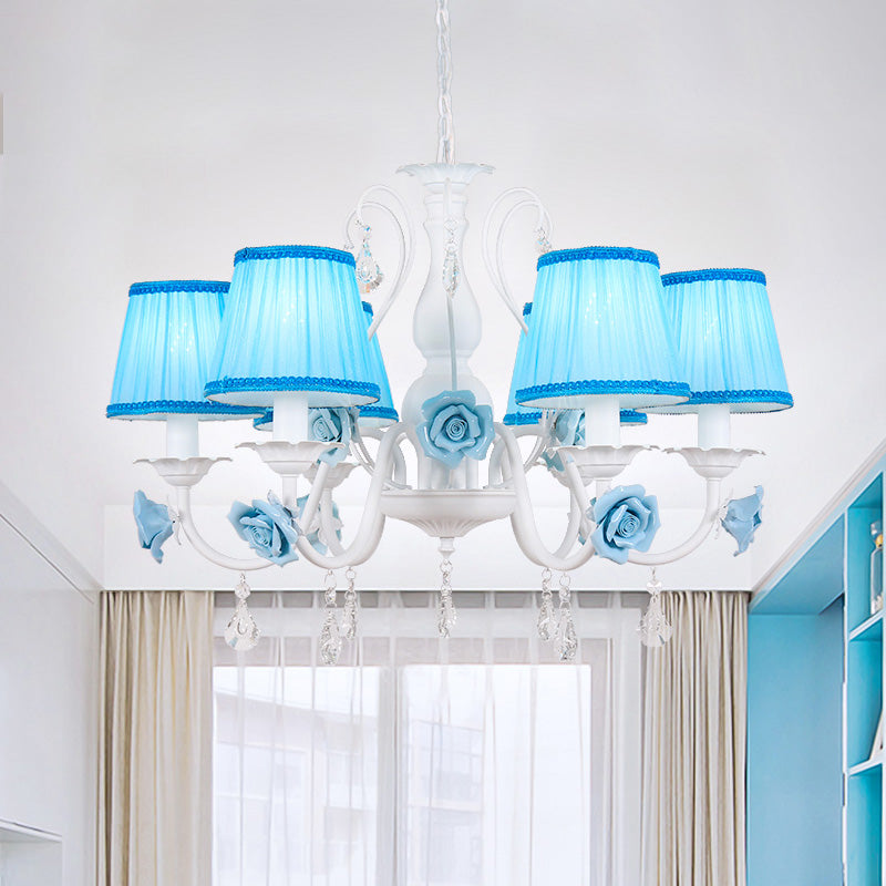 Fabric Blue Chandelier Light Fixture Conical 3/6/8 Heads Pastoral Style Hanging Pendant with Crystal Accent 6 Blue Clearhalo 'Ceiling Lights' 'Chandeliers' Lighting' options 729611_7ca1e928-8099-46ba-a987-4928e34f4459