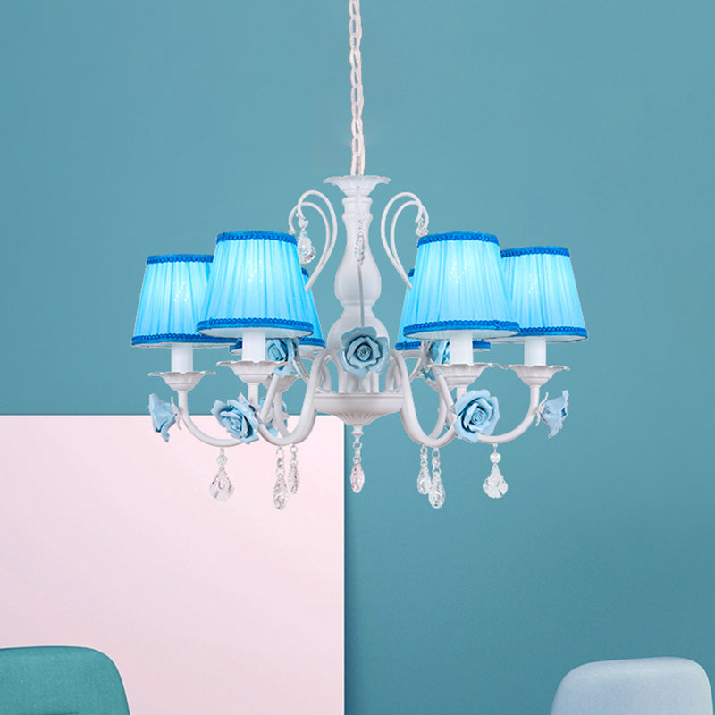 Fabric Blue Chandelier Light Fixture Conical 3/6/8 Heads Pastoral Style Hanging Pendant with Crystal Accent Clearhalo 'Ceiling Lights' 'Chandeliers' Lighting' options 729612